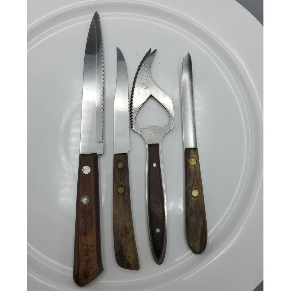 4 Mid-Century Kitchen Knives with Wood Handles Steak Cheese Grapefruit Multi-Use